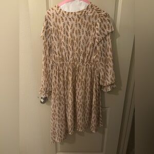 Mikarose Cream and Brown Leaf Pattern Dress - Modest, Fall, Asymmetrical Hem